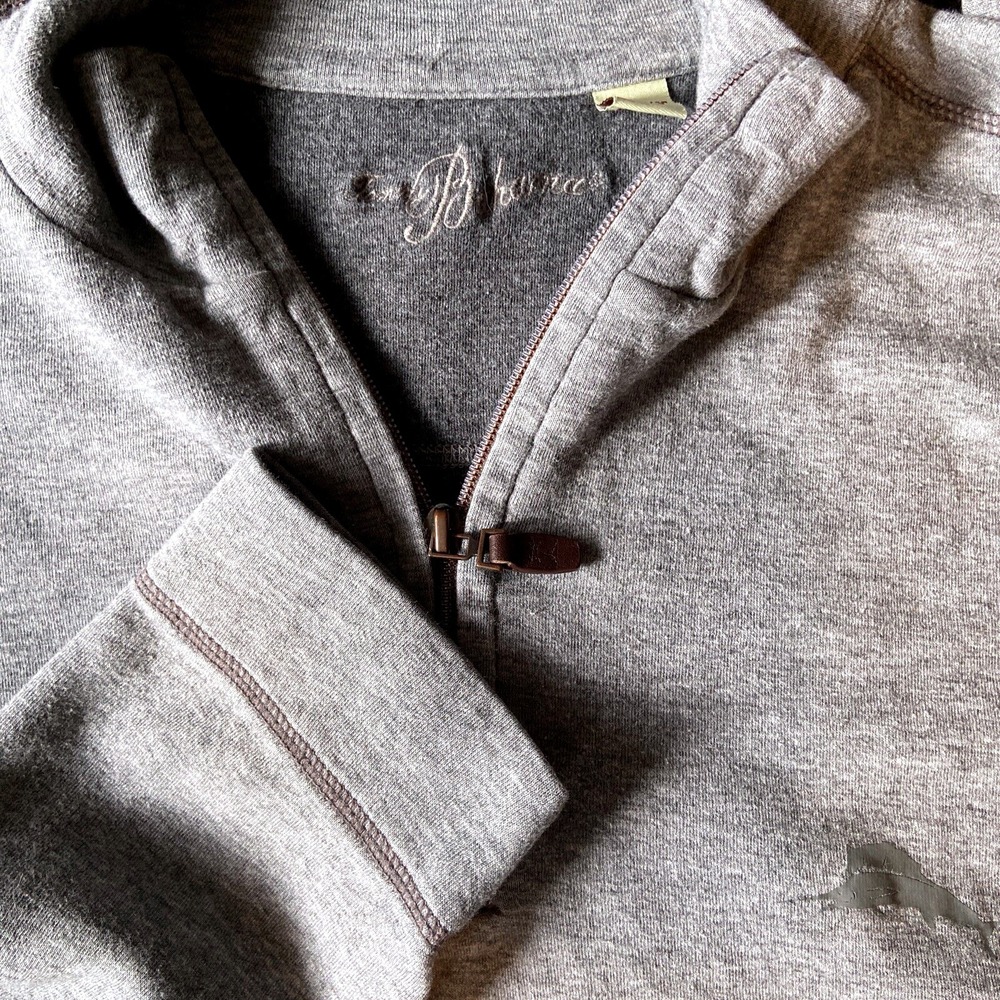 Tommy Bahama Mens Grey Heathered‎ Quarter Zip Pullover Marlin Logo Size L